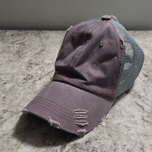 Women's Distressed Gray Hat With Ponytail Hole